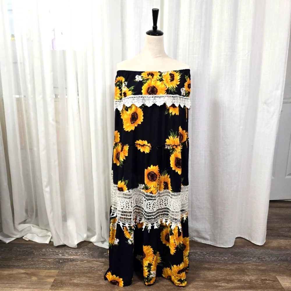 2/$30 Umgee Strapless Sunflower Sun Dress Sz S Oversize Boho Prairie Cottagecore